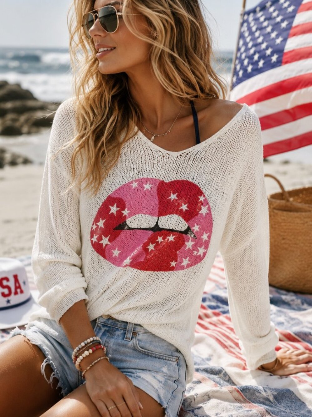 NWT Wooden Ships Star Lips Lightweight Knit Sweater XS/S Beach Boho Coastal $122